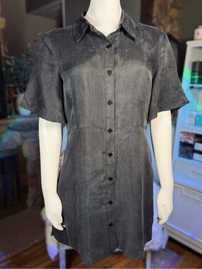 Zara Black Button Down Short Ruffle Sleeve Collared Shirt Dress, Sz L